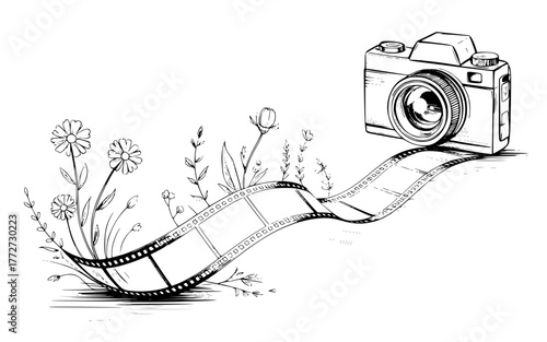 Vecter illustration  camera and film strip with flowers and foliage in a black and white sketch style illustration silhouette