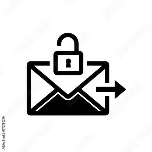 Email with unlocked padlock and arrow, data privacy breach and unsecured message transmission