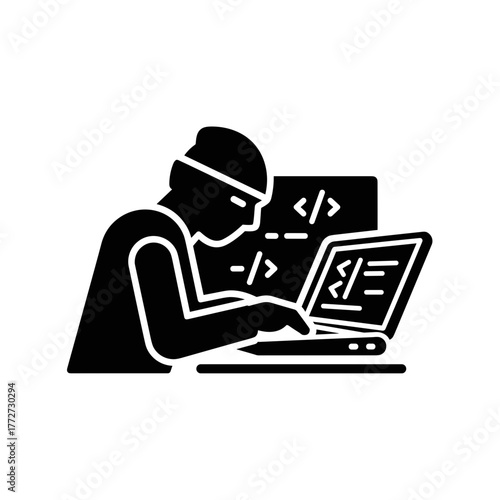 Cybercriminal hacking into computer system, cybersecurity threat and data protection