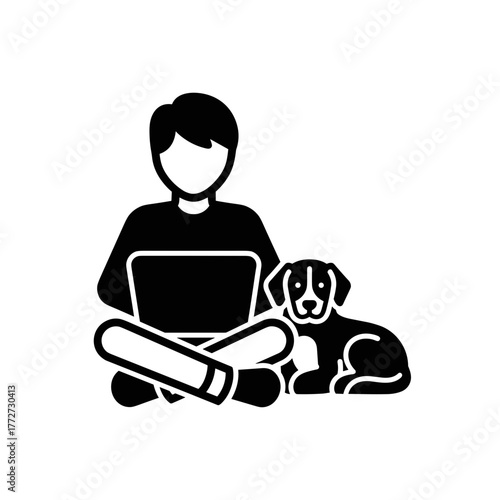 Person working on laptop at home with dog sitting nearby, remote work and pet companionship
