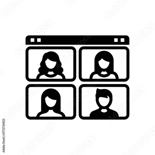 Video Conference Call with Multiple People Icons on Screen, Remote Communication and Virtual Meeting Technology