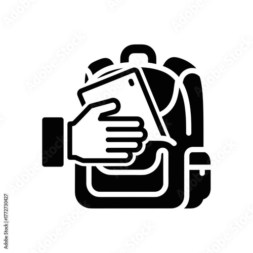 Hand stealing smartphone from backpack, theft and security awareness icon
