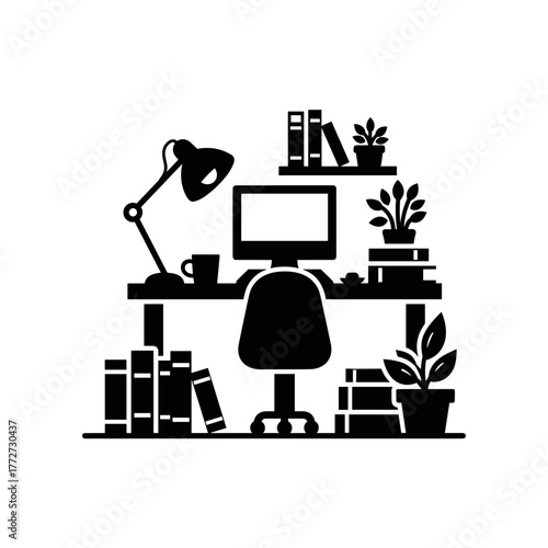 Home office desk with computer books and plants, modern workspace and remote work setup