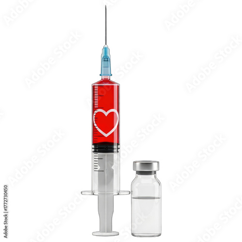 Syringe with red liquid and heart symbol next to vial medical injection