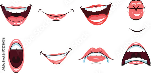 Cartoon Mouth Expressions Set with Different Emotions and Smiles on White Background