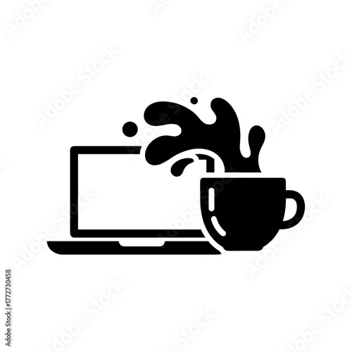 Coffee Spill on Laptop Icon, Workplace Accident and Technology Disaster