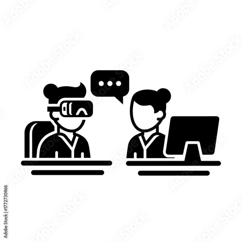 Person using virtual reality headset for training with instructor at computer desk, VR technology education