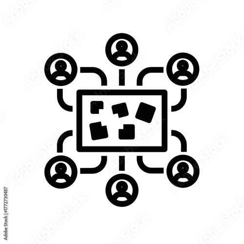Collaborative Teamwork Icon with Connected People and Central Board, Remote Work and Digital Collaboration