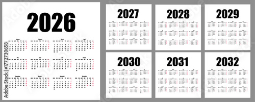 vector  2026, 2027, 2028, 2029, 2030, 2031, 2032 years calendar set. Week starts Monday. uk