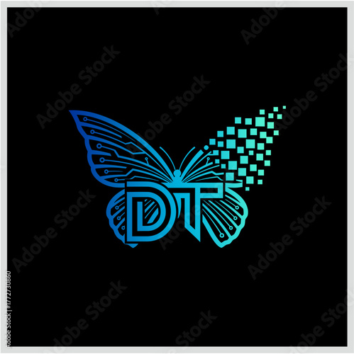 Digital Transformation Logo Butterfly Design with DT Initials, Innovation, and Technology on Black