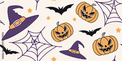 Halloween seamless pattern with pumpkins witch hats bats and spider webs in flat cartoon style .