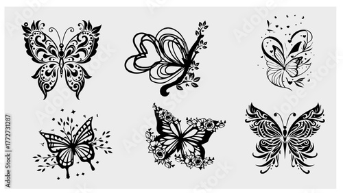 set of black and white butterflies