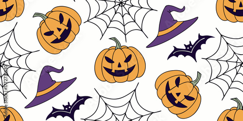 Halloween seamless pattern with pumpkins witch hats bats and spider webs in flat cartoon style .
