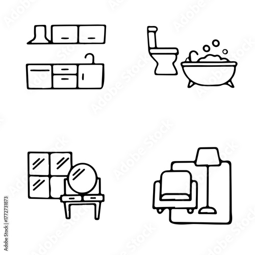 Bathroom, kitchen, hallway, and living room. Minimalist vector icons in doodle style