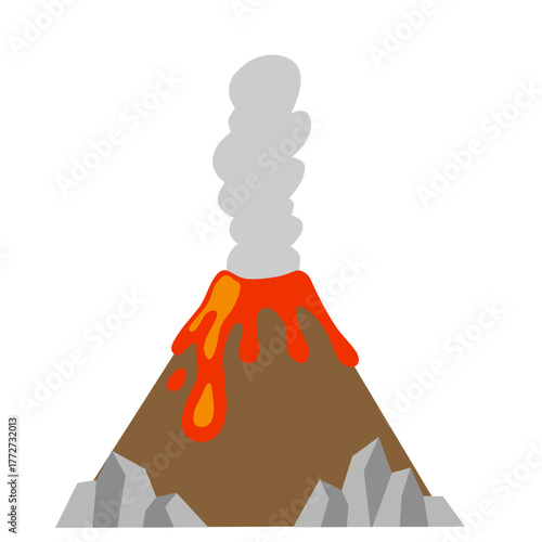 Colorful vector illustration of an erupting volcano with lava flow and smoke. Ideal for education, natural disaster concepts, geology, and environmental design projects