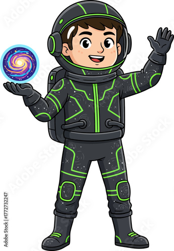 Futuristic young astronaut dressed in high-tech space suit holding a glowing cosmic sphere while