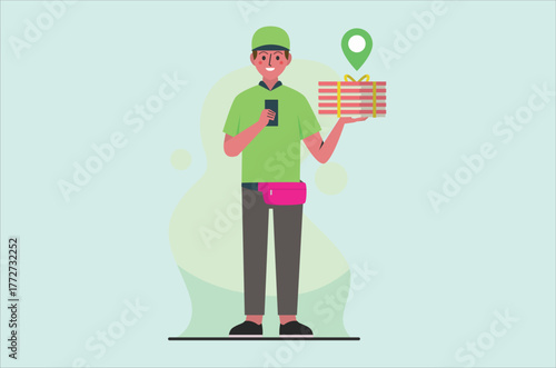 Food delivery courier using smartphone for order tracking – flat vector illustration