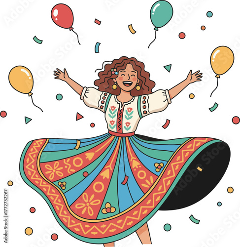 Joyful woman dancing with colorful balloons and confetti celebration scene capturing happiness and