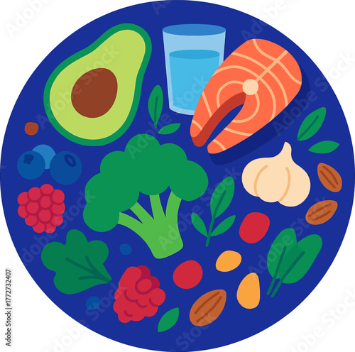 Healthy food plate with salmon avocado broccoli and berries for balanced diet illustration concept