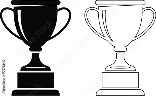 Flat trophy vector icons featuring two-handled cup in solid and outline styles for awards, victory, and recognition