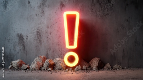 Neon 3D Exclamation Mark concept. Neon exclamation mark against a textured wall with rocks below.