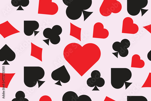 Playing Card Suits Seamless Pattern on Pink Background Vector Design