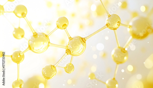 輝く黄金の美容成分分子構造｜ビタミンC誘導体・コエンザイムQ10・抗酸化作用・スキンケア広告背景｜Glowing Golden Beauty Molecule Structure | Vitamin C Derivatives, Coenzyme Q10, Antioxidant, Skincare Advertising Background