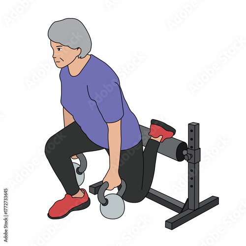 Senior Woman Kettlebell Split Squat, Assisted Leg Training — Elderly Strength Diagram for Mobility, Balance, and Fitness