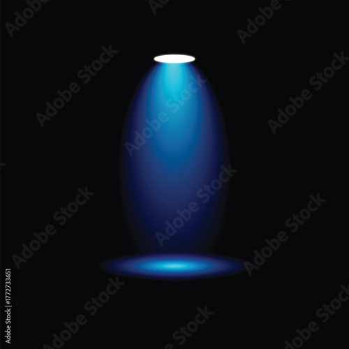 Realistic Navy Blue Single Spotlight on Dark Stage Background – Theater or Performance Lighting Vector