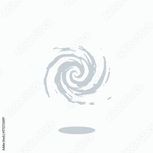 A swirling vortex of gray wisps is centered above a gray oval shadow on a white background scene