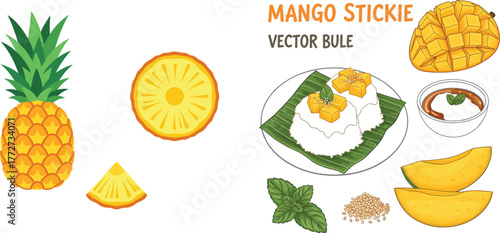 Tropical Fruits and Thai Mango Sticky Rice Dessert Vector Set
