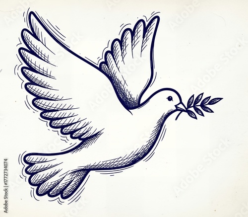 A classic dove of peace flying with an olive branch in a stylized sketch illustration