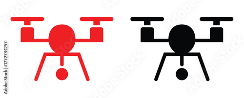 Flat drone vector icons featuring quadcopter design in solid red and black silhouettes for aerial photography and technology