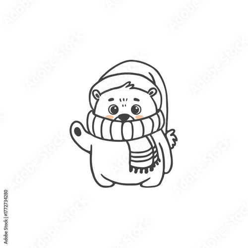 cute cartoon bear wearing a New Year's hat and scarf. Animal in Doodle style drawing for greeting cards, Christmas cards, banners and coloring pages. Vector illustration.