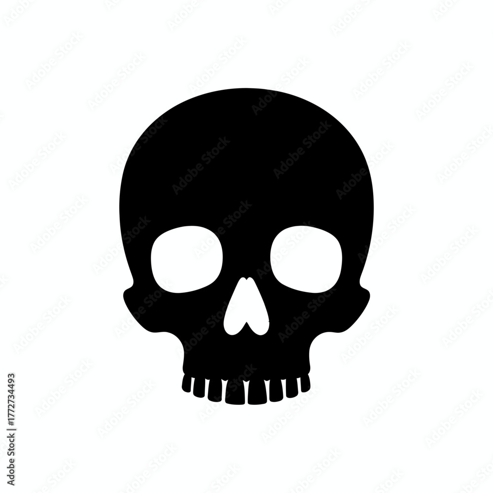 Obraz premium A black silhouette of a skull with empty eye sockets and a heart shaped nose on white background is shown