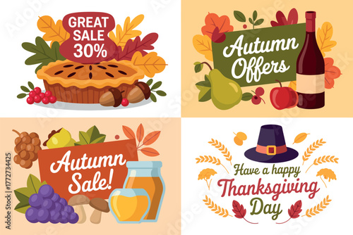 Autumn themed sale offers and Thanksgiving greeting banners with food and seasonal decorations.