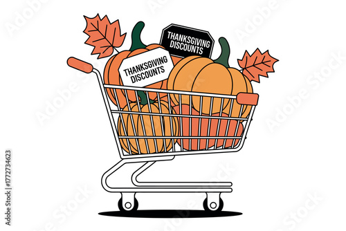 A shopping cart filled with pumpkins and Thanksgiving discounts signs.