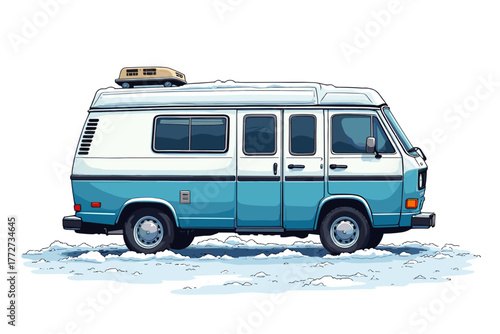 Campervan parked in snow with a cozy winter atmosphere and a vintage design