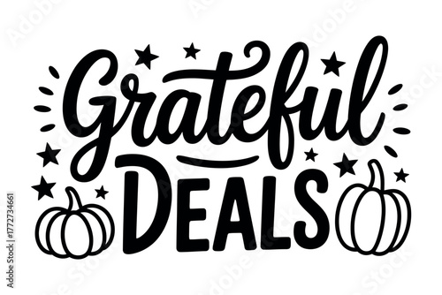 Grateful Deals text with pumpkins and stars is an illustration.