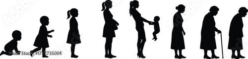 Silhouette illustration showing stages of woman’s life from childhood to old age, concept of time, growth, and aging