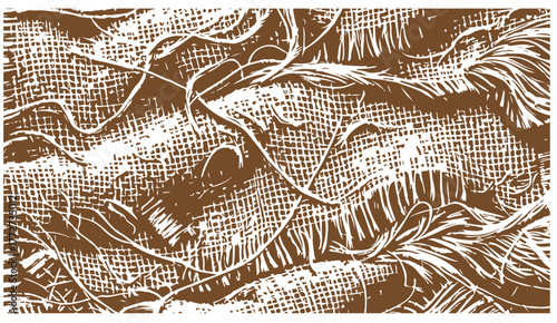  A rich brown abstract textile close-up featuring woven mesh, tangled rope, and flowing lines. Ideal as a background or design element to convey texture, craft, and vintage style