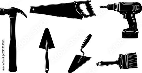 Construction tools. Building repair hand tools, renovation kit, hammer, saw, drill and shovel. Home repair tool vector illustration icons set. Repair tool, hammer and trowel, paintbrush and saw
