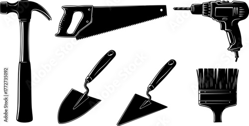 Construction tools. Building repair hand tools, renovation kit, hammer, saw, drill and shovel. Home repair tool vector illustration icons set. Repair tool, hammer and trowel, paintbrush and saw