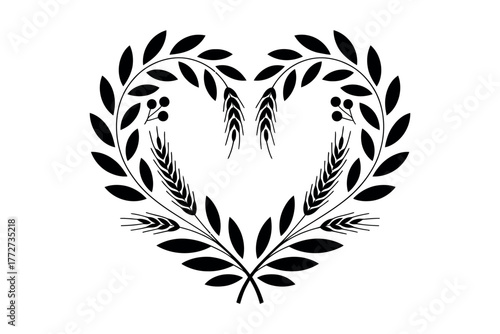 A black heart-shaped wreath made of olive branches and wheat ears on a white background.