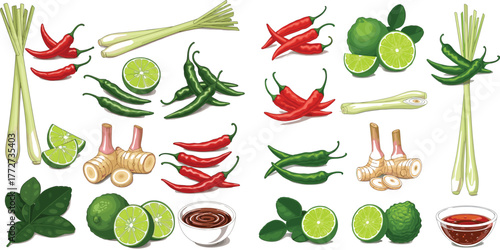 Hand-Drawn Thai Culinary Ingredients and Spices Vector Set