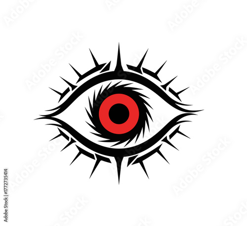 A graphic vector illustration of a stylized tribal eye, featuring a bold red and black iris surrounded by sharp, swirling details and prominent, thorn-like spikes.