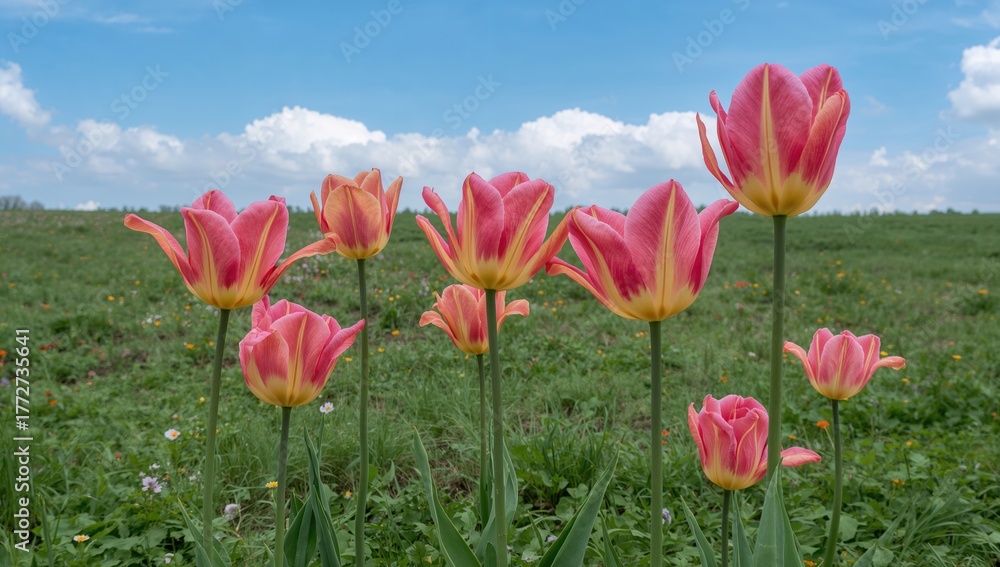 Fototapeta premium Vibrant tulips blooming in the garden, seasonal change