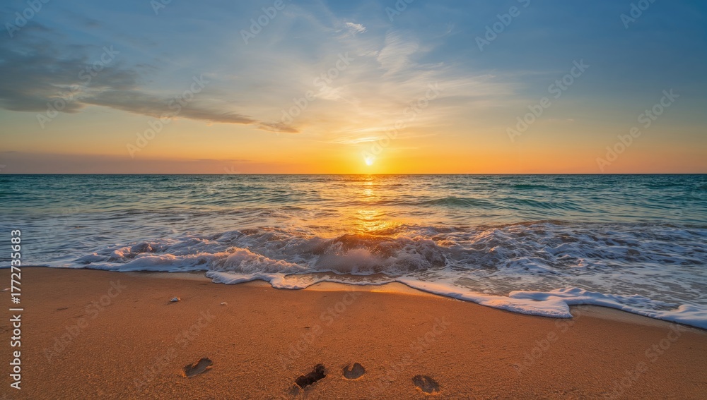 Fototapeta premium Beach with waves and footprints at sunset, relaxation and tranquility