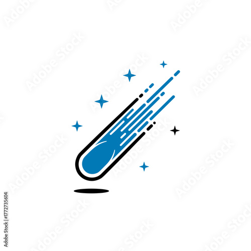 Meteorite graphic design with a sleek blue trail and stars on a transparent background
