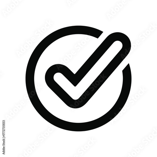 Black check mark icon inside circle, representing success or approval with white background